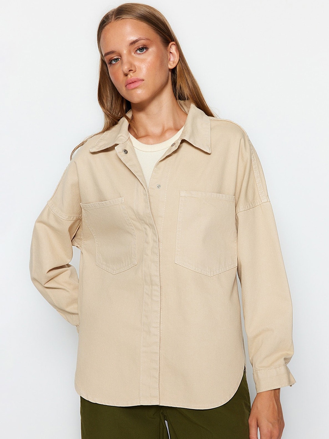 

Trendyol Cotton Tailored Fit Longline Shirt, Beige