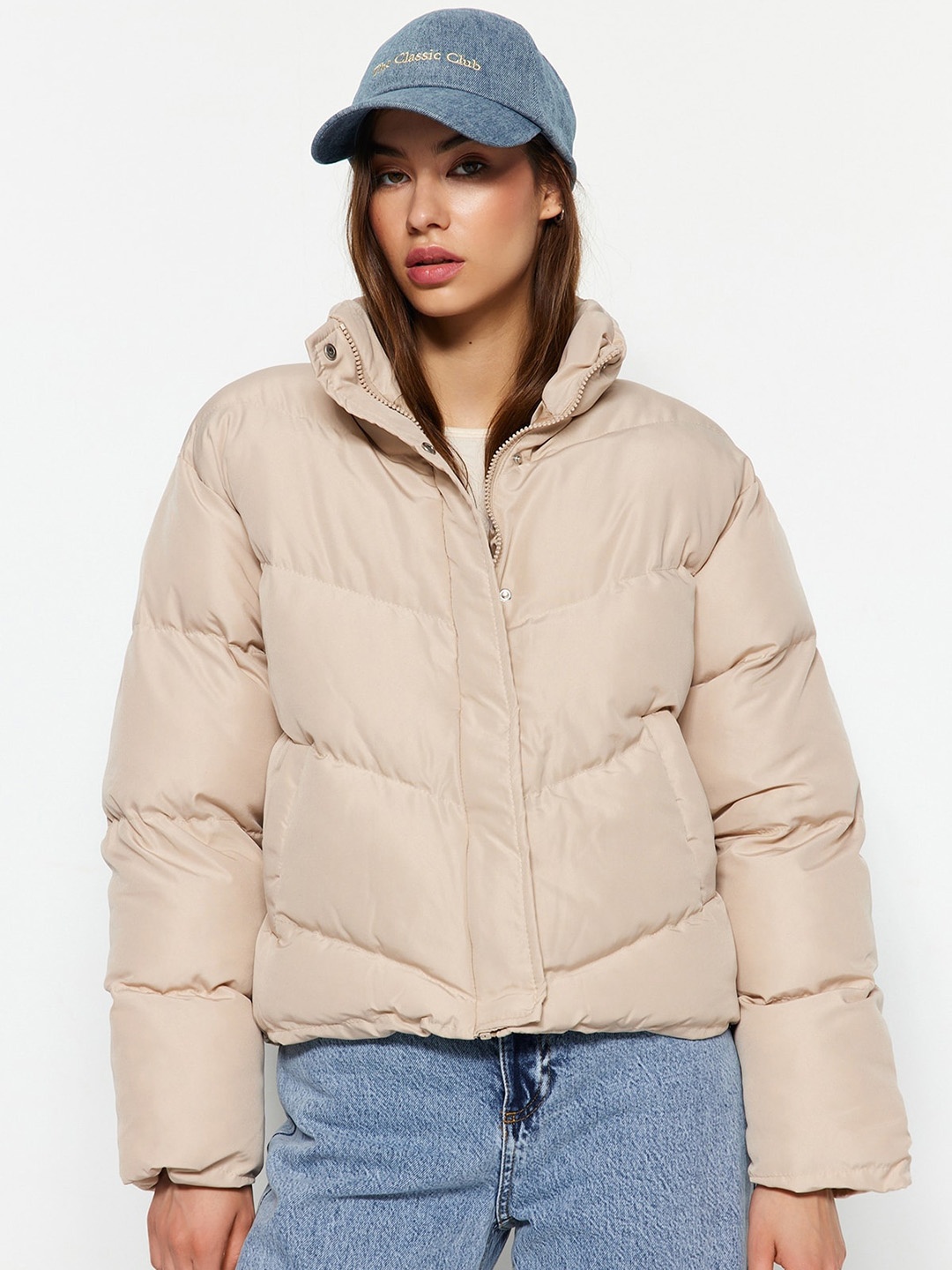 

Trendyol Mock Collar Long Sleeves Crop Puffer Jacket, Beige