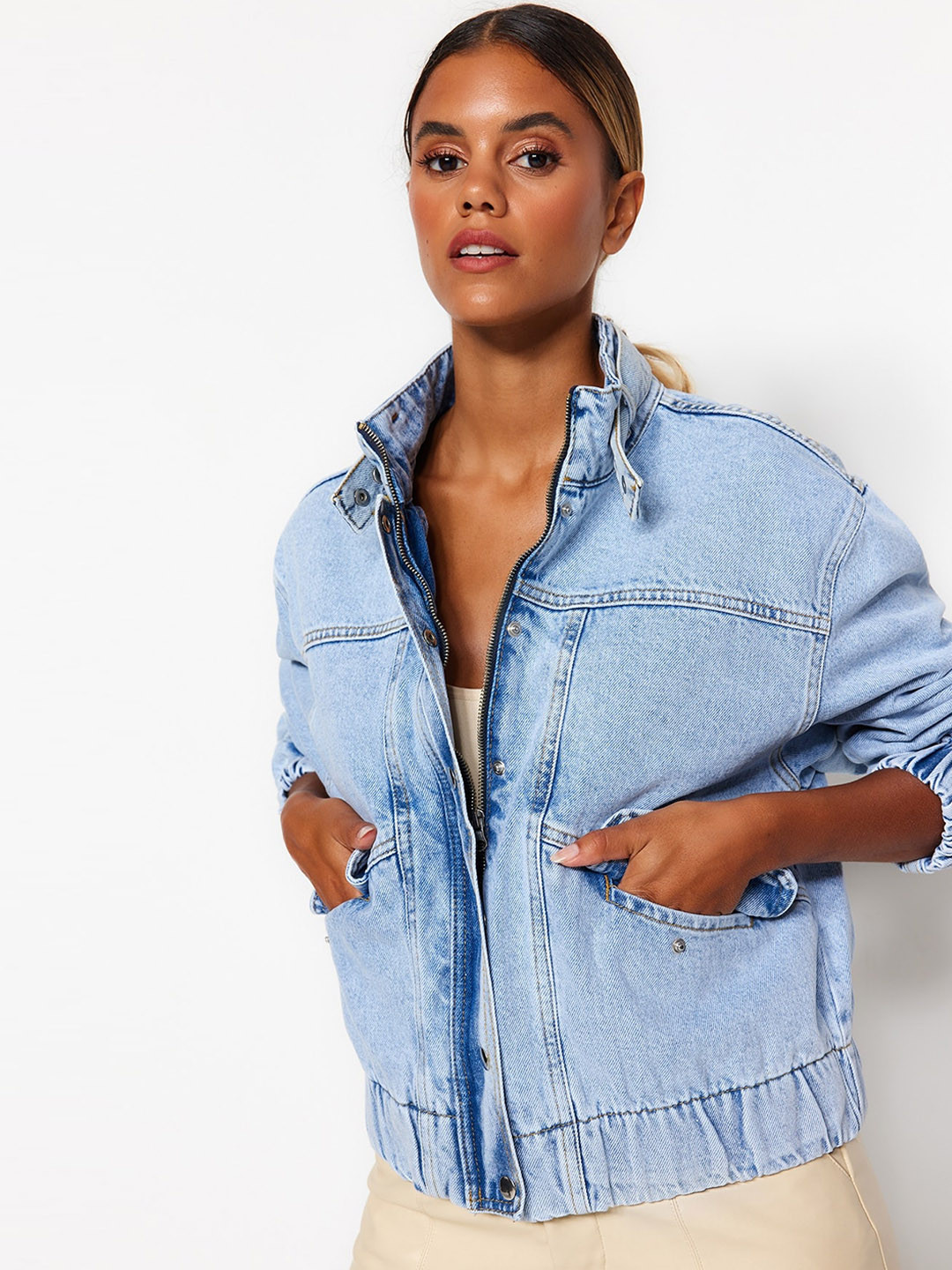 

Trendyol Washed Band Collar Cotton Denim Jacket, Blue