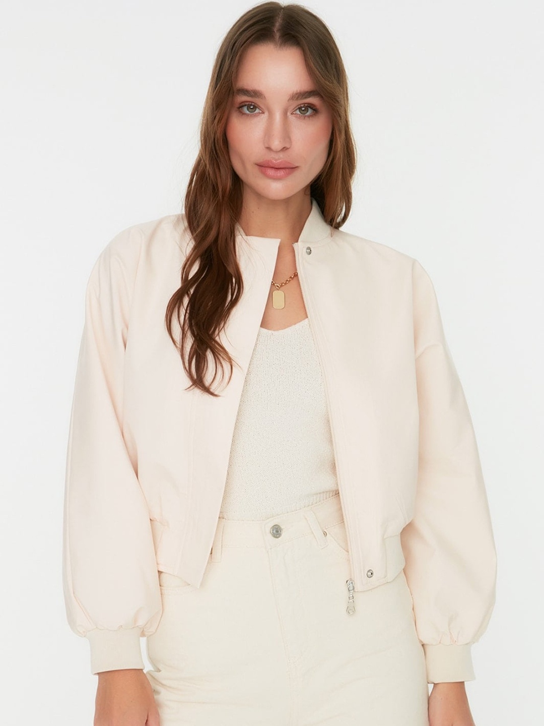 

Trendyol Stand Collar Crop Bomber Jacket, Beige