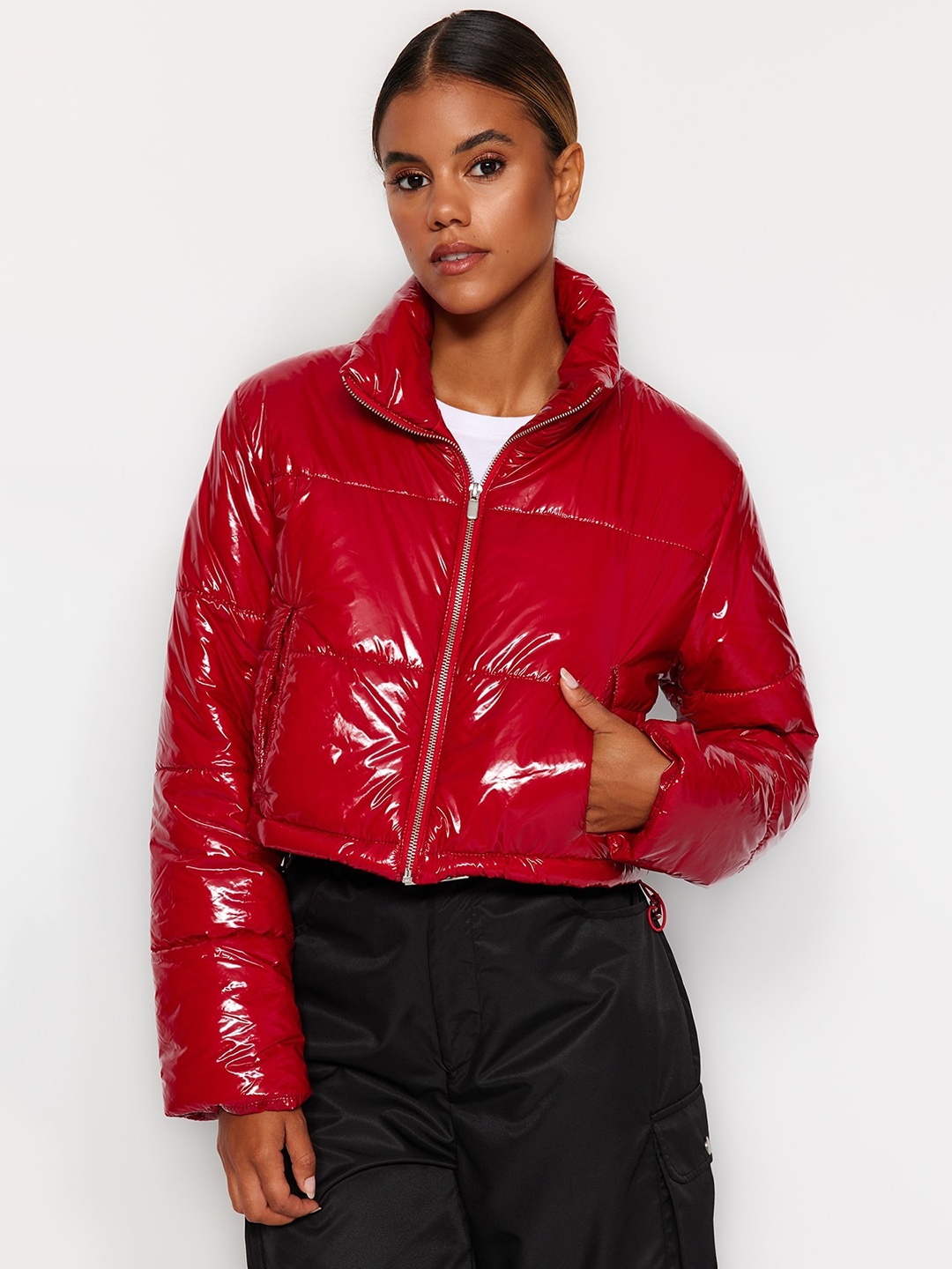 

Trendyol Mock Collar Crop Puffer Jacket, Red