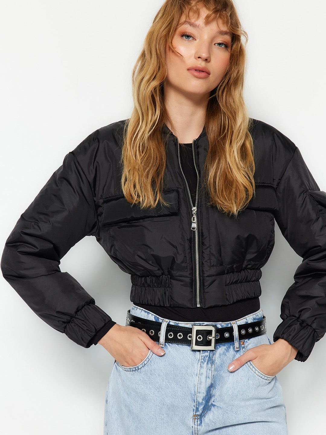

Trendyol Stand Collar Crop Bomber, Black