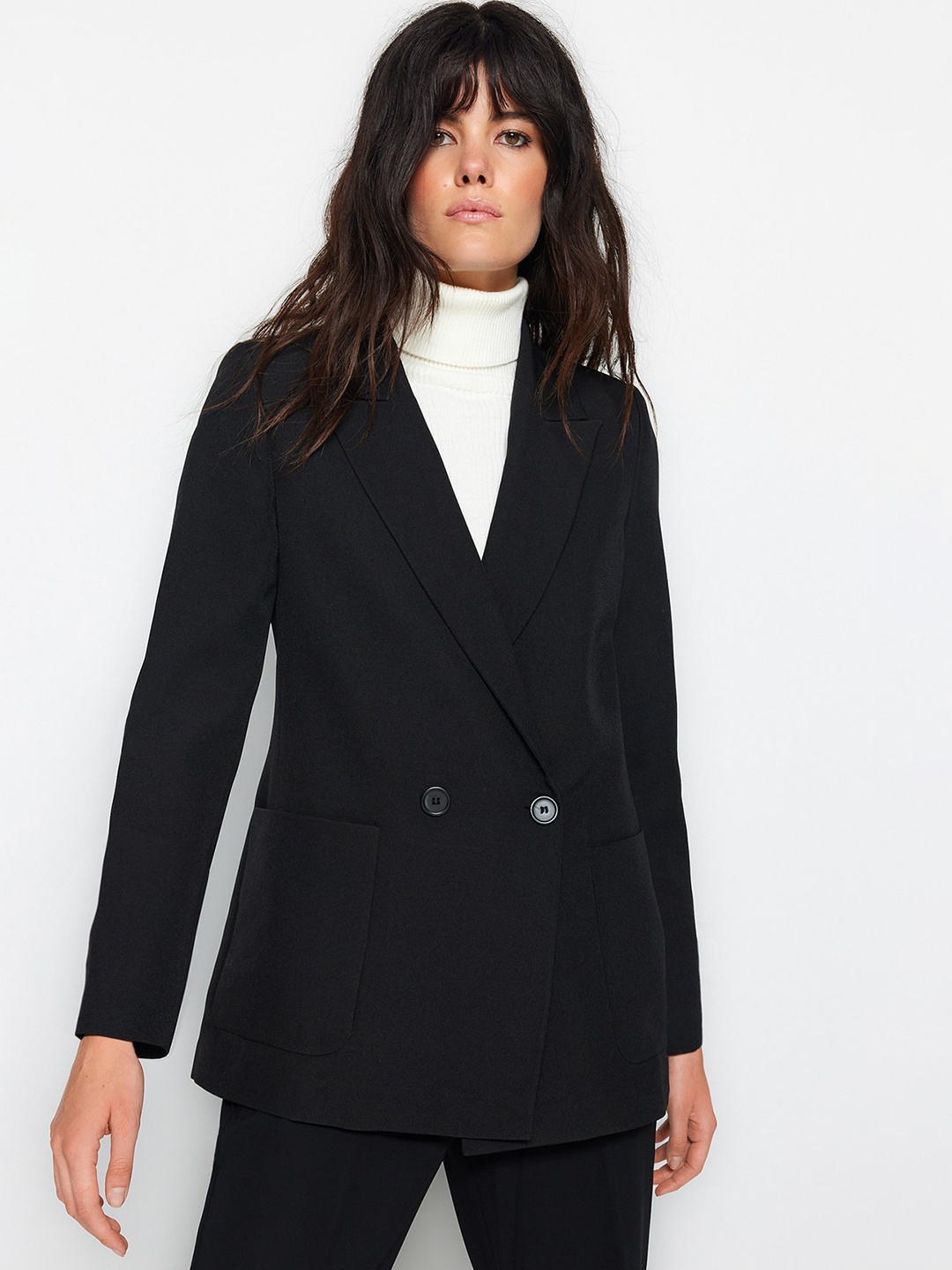 

Trendyol Notched Lapel Double-Breasted Formal Blazer, Black