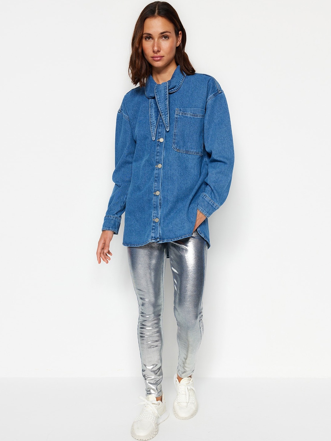 

Trendyol Washed Denim Pure Cotton Jacket, Blue