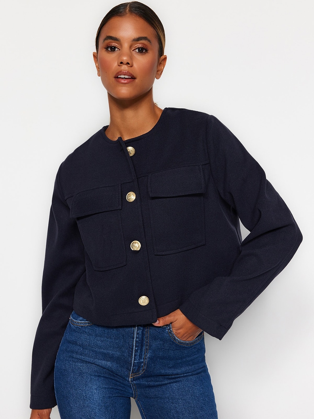 

Trendyol Collarless Long Sleeve Tailored Jacket, Navy blue