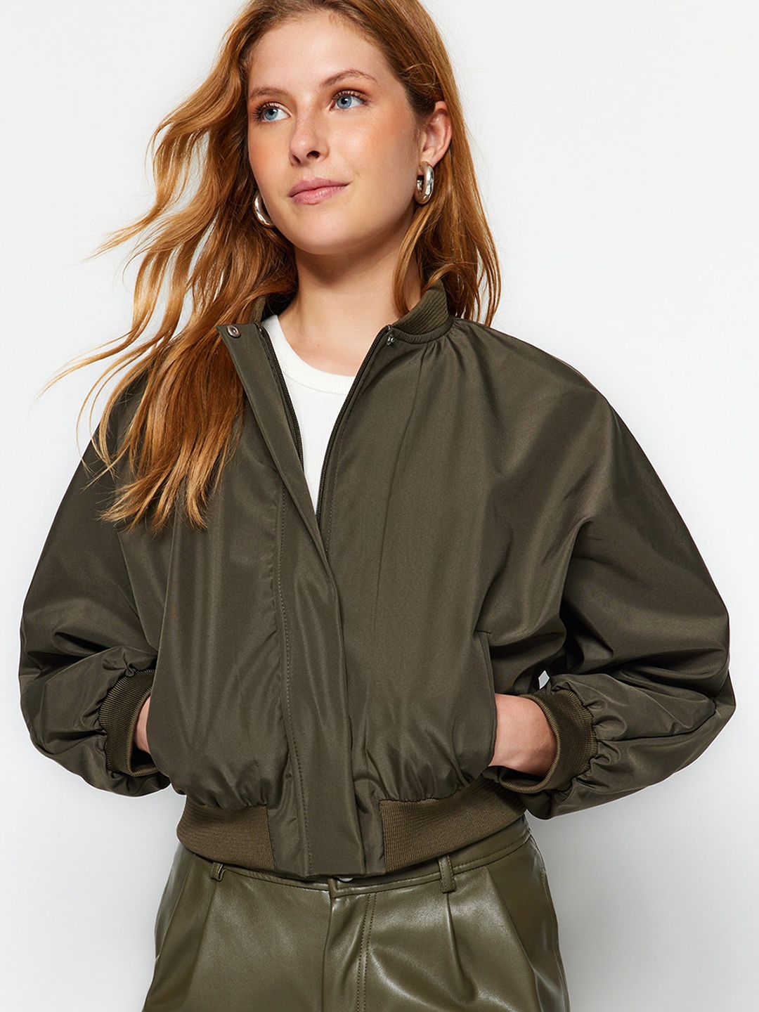 

Trendyol Mock Collar Bomber Jacket, Olive