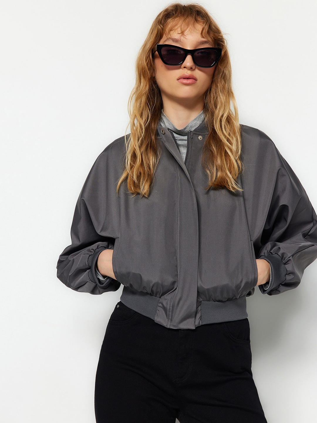 

Trendyol Mock Collar Bomber Jacket, Grey