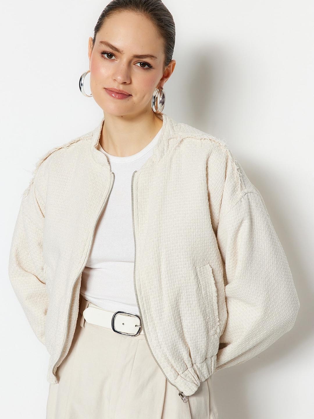 

Trendyol Self Design Mandarin Collar Crop Bomber Jacket, Cream