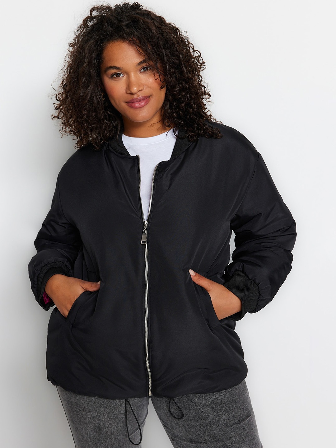 

Trendyol Plus Size Mock Collar Bomber Jacket, Black