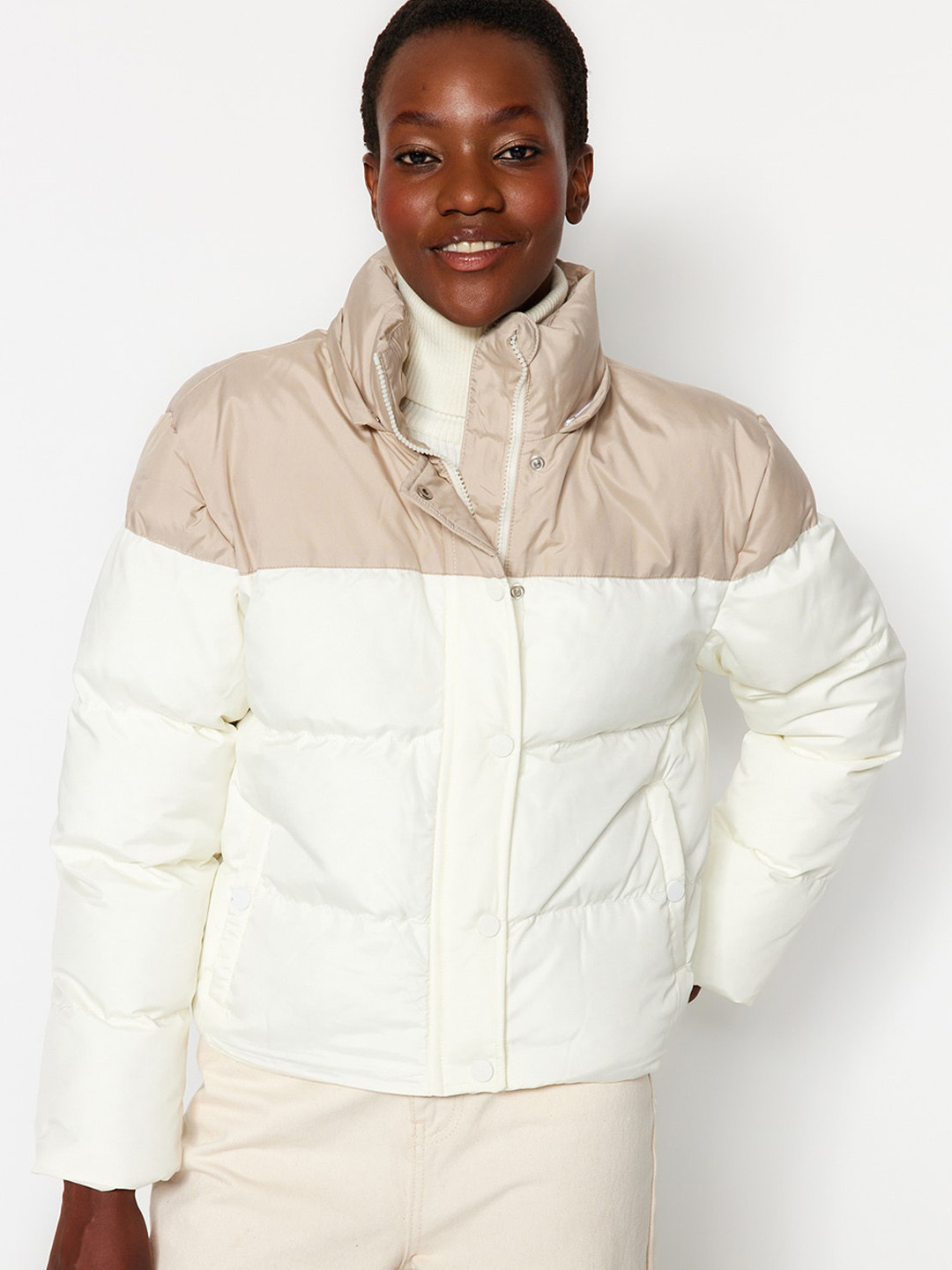 

Trendyol Colourblocked Hooded Puffer Jacket, Beige