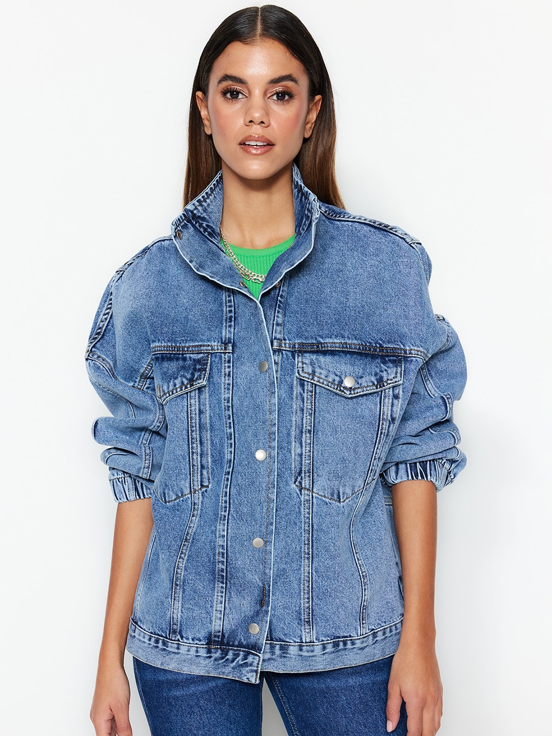 

Trendyol Washed Studded Pure Cotton Denim Jacket, Blue