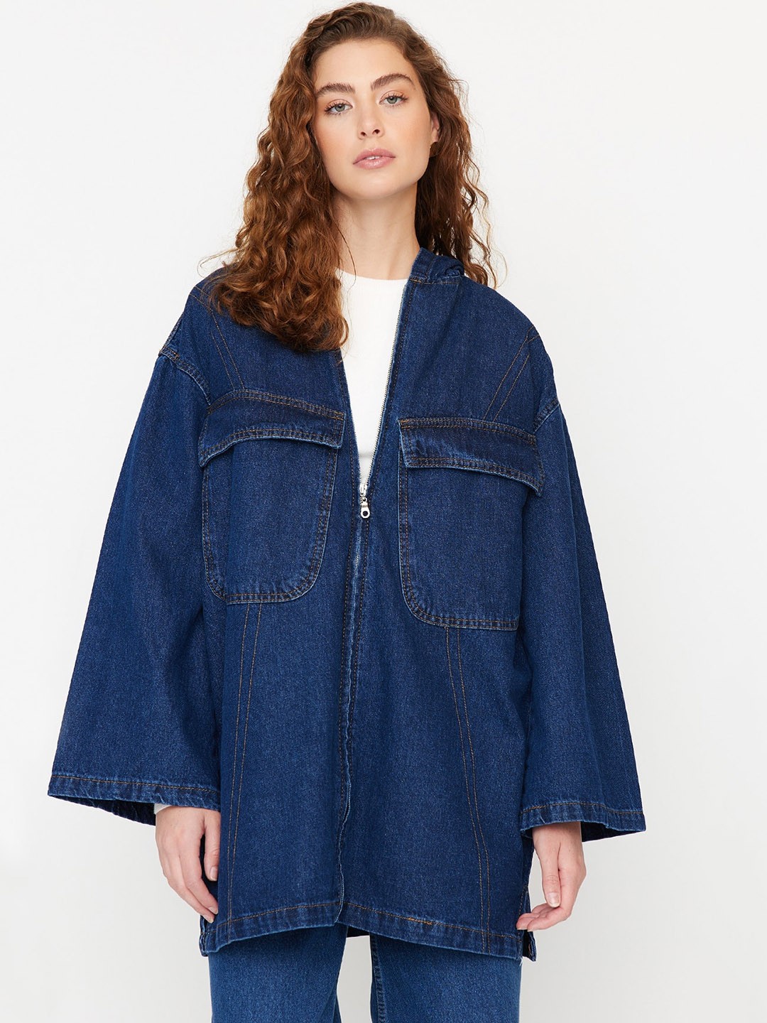 

Trendyol Washed Hooded Longline Pure Cotton Denim Jacket, Blue