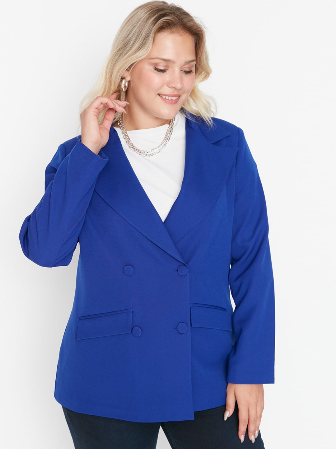 

Trendyol Plus Size Notched Lapel Collar Double-Breasted Overcoat, Blue