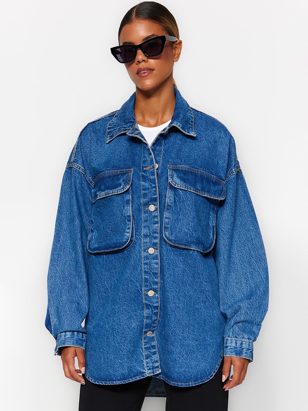 

Trendyol Washed Spread Collar Longline Denim Jacket, Blue