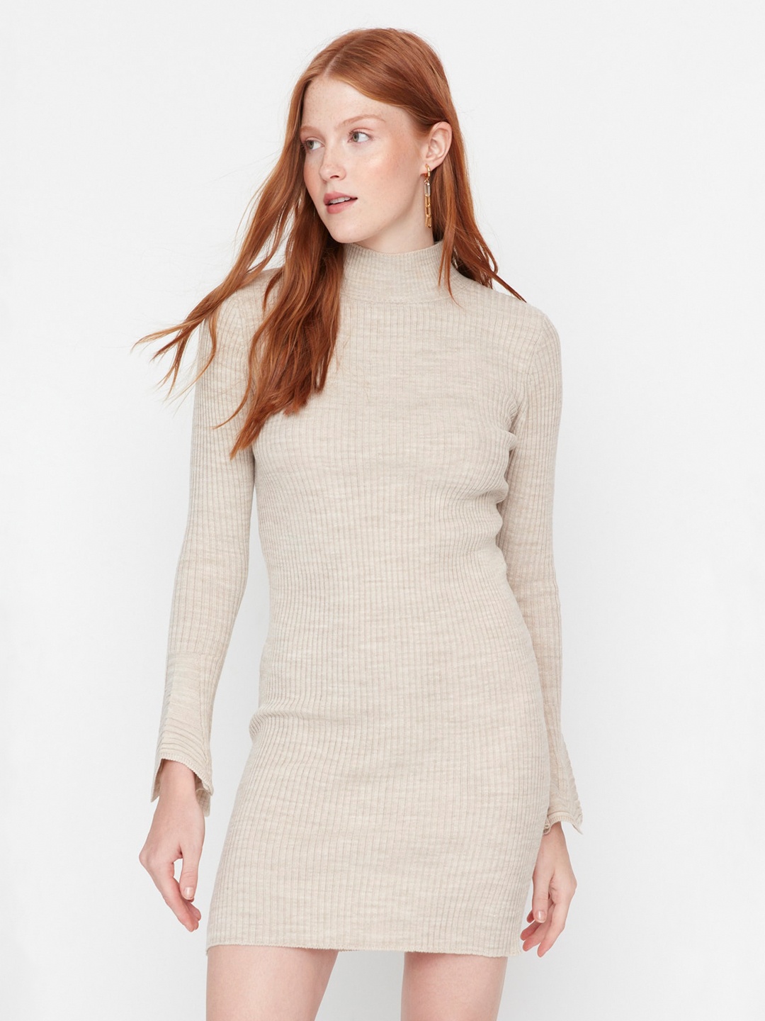 

Trendyol Ribbed Mock Neck Acrylic Bodycon Mini Dress, Beige