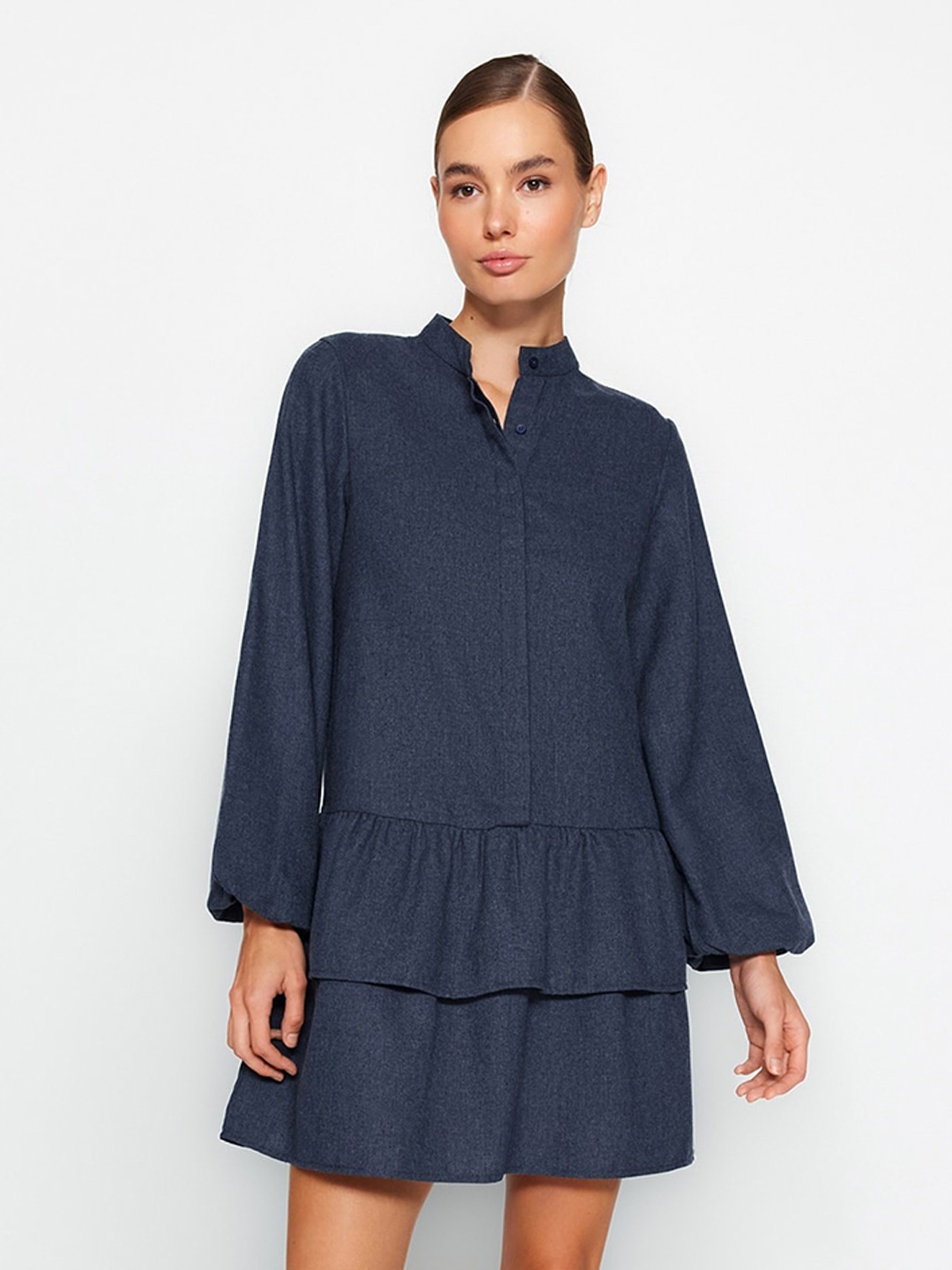 

Trendyol Mandarin Collar Puff Sleeves Tiered Detail Flared Shirt Mini Dress, Navy blue