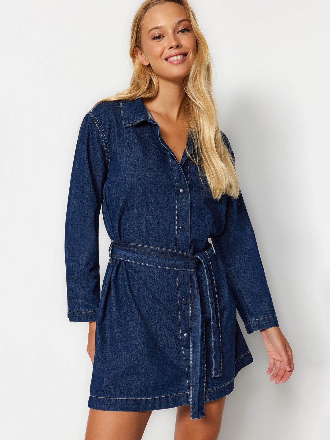 

Trendyol Belted Denim Pure Cotton Shirt Mini Dress, Navy blue