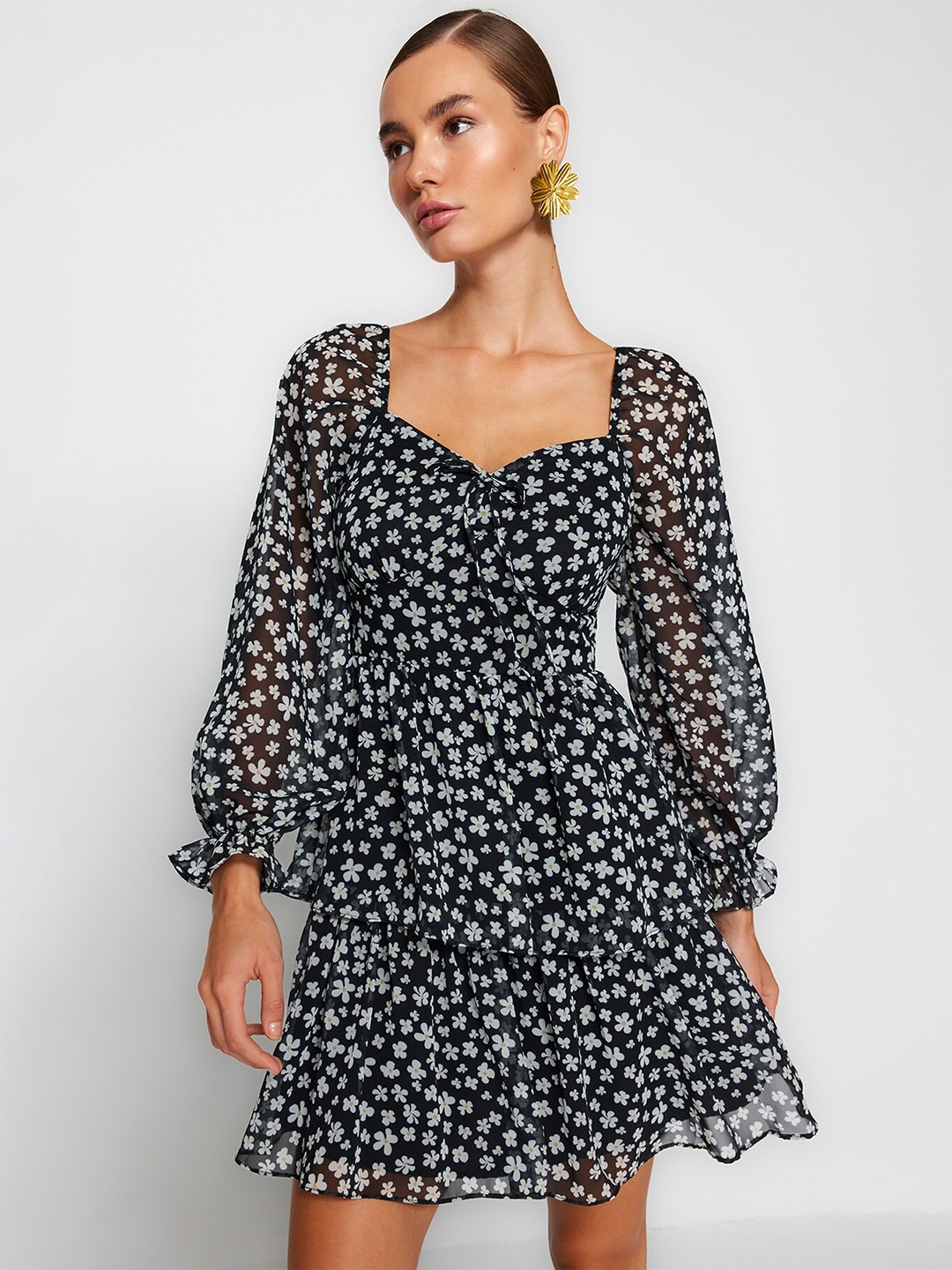 

Trendyol Floral Printed Puff Sleeve Fit & Flare Dress, Black