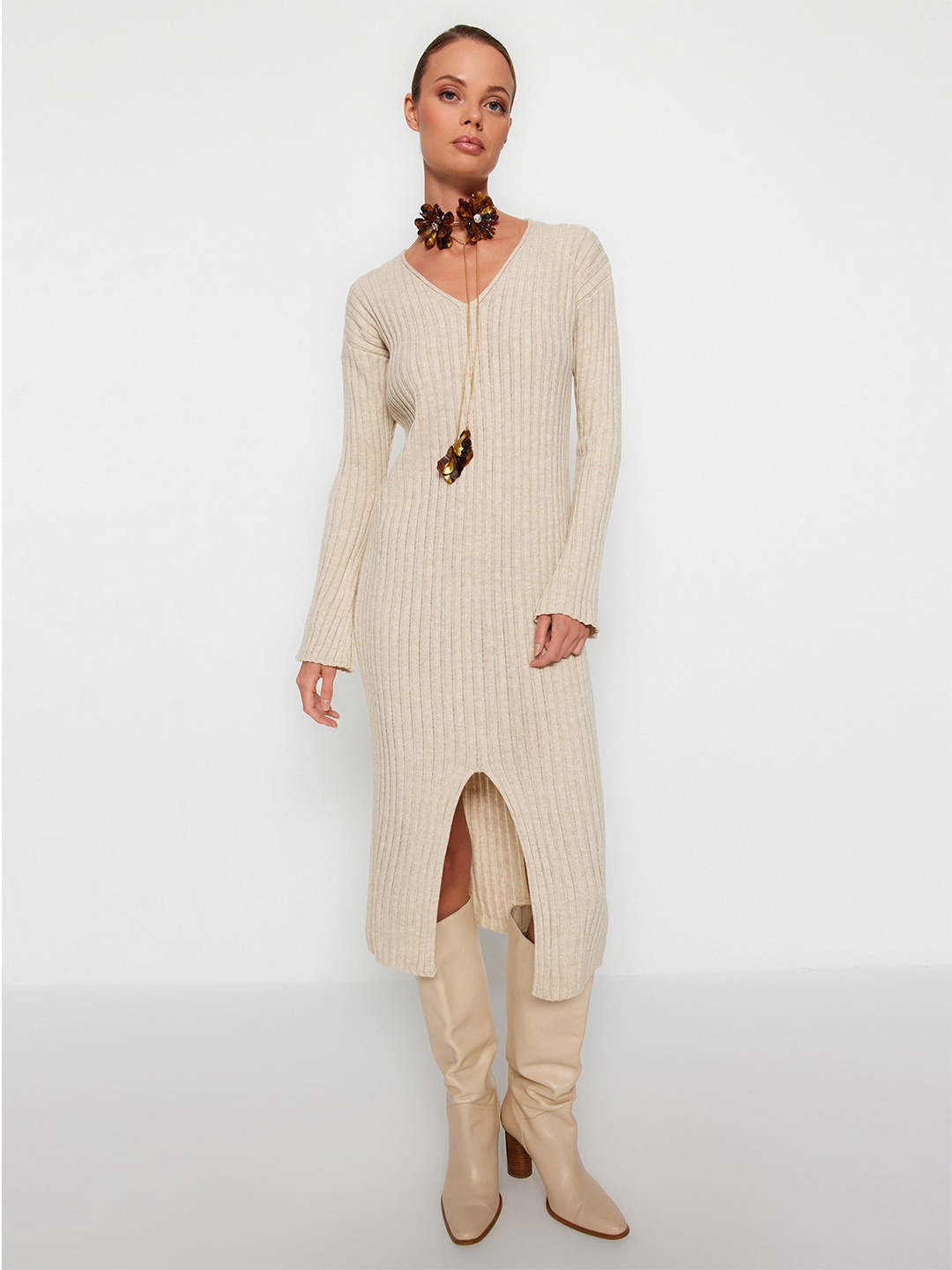 

Trendyol Ribbed V-Neck Acrylic A-Line Midi Dress, Beige