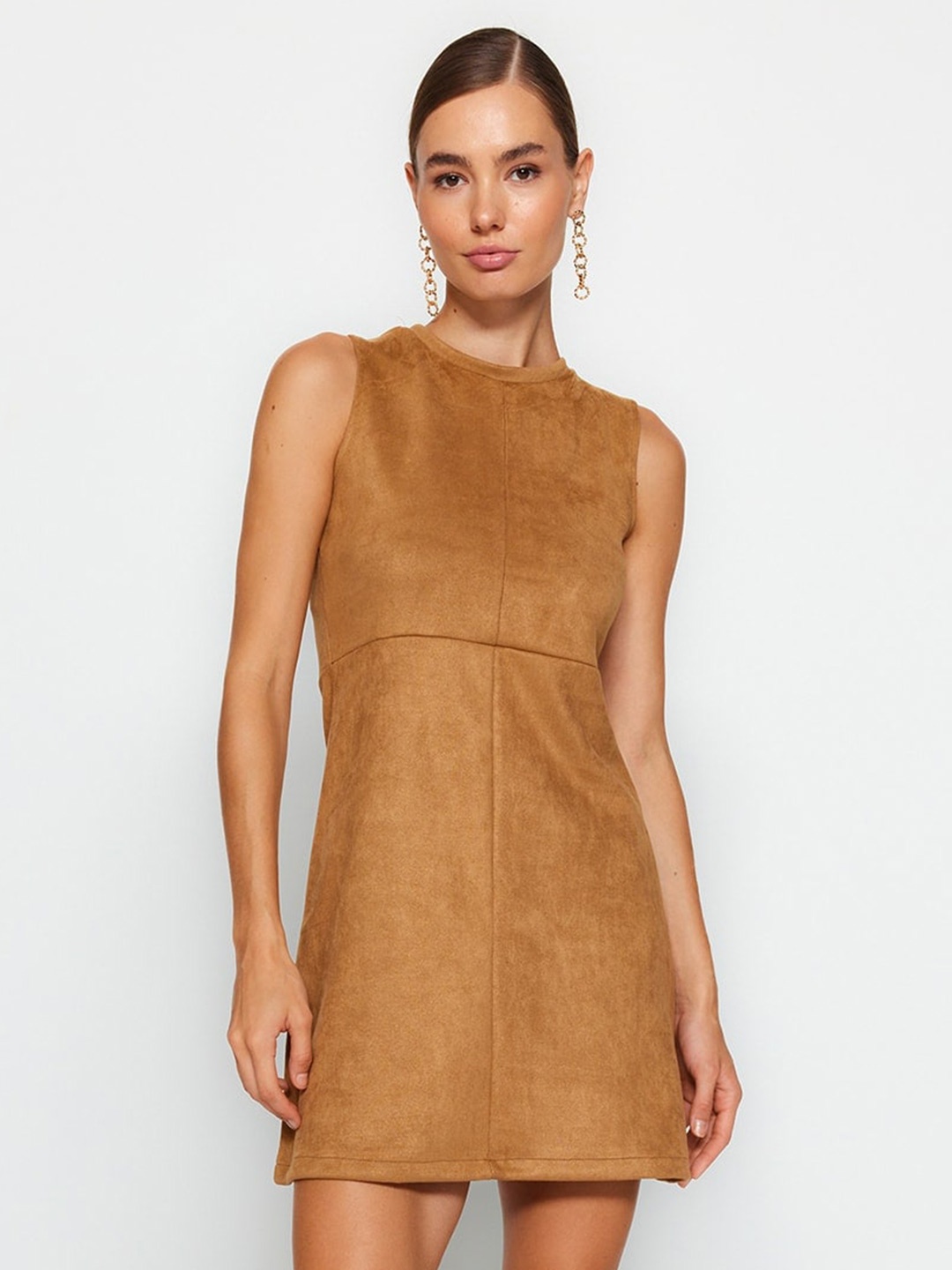 

Trendyol Round Neck Sleeveless A-Line Mini Dress, Camel brown