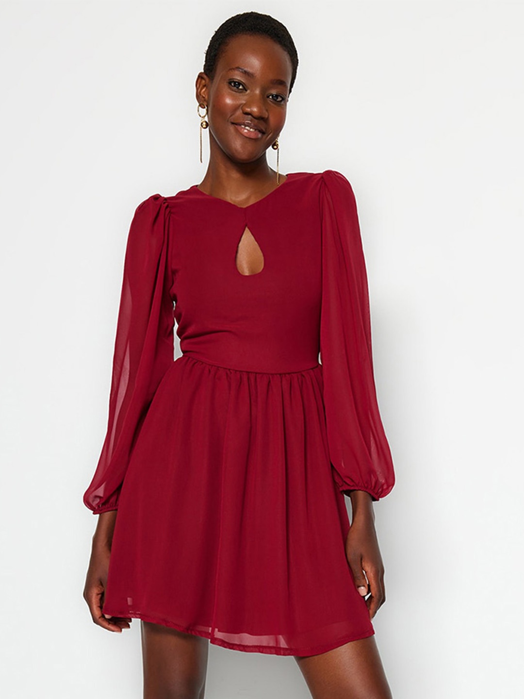 

Trendyol Keyhole Neck Puff Sleeve A-Line Mini Dress, Red