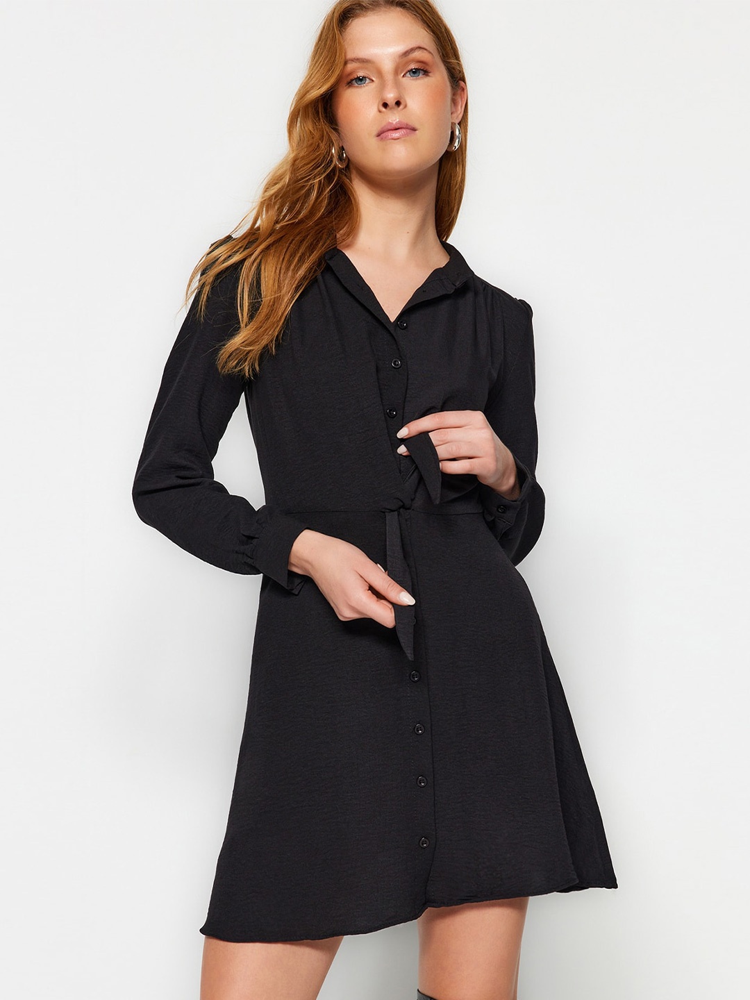 

Trendyol Band Collar Shirt Style Mini Dress, Black