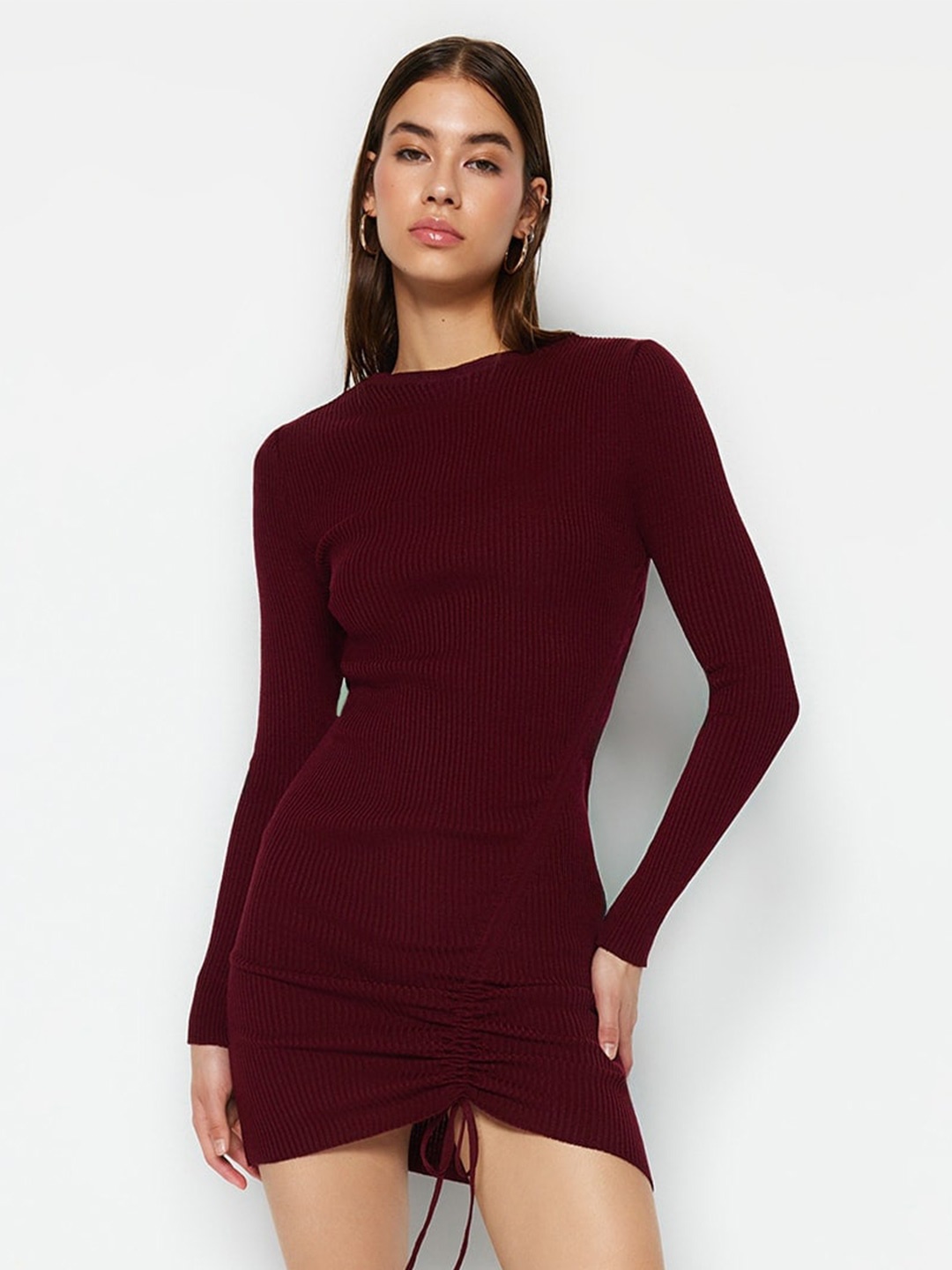 

Trendyol Self Design Round Neck Bodycon Mini Dress, Maroon