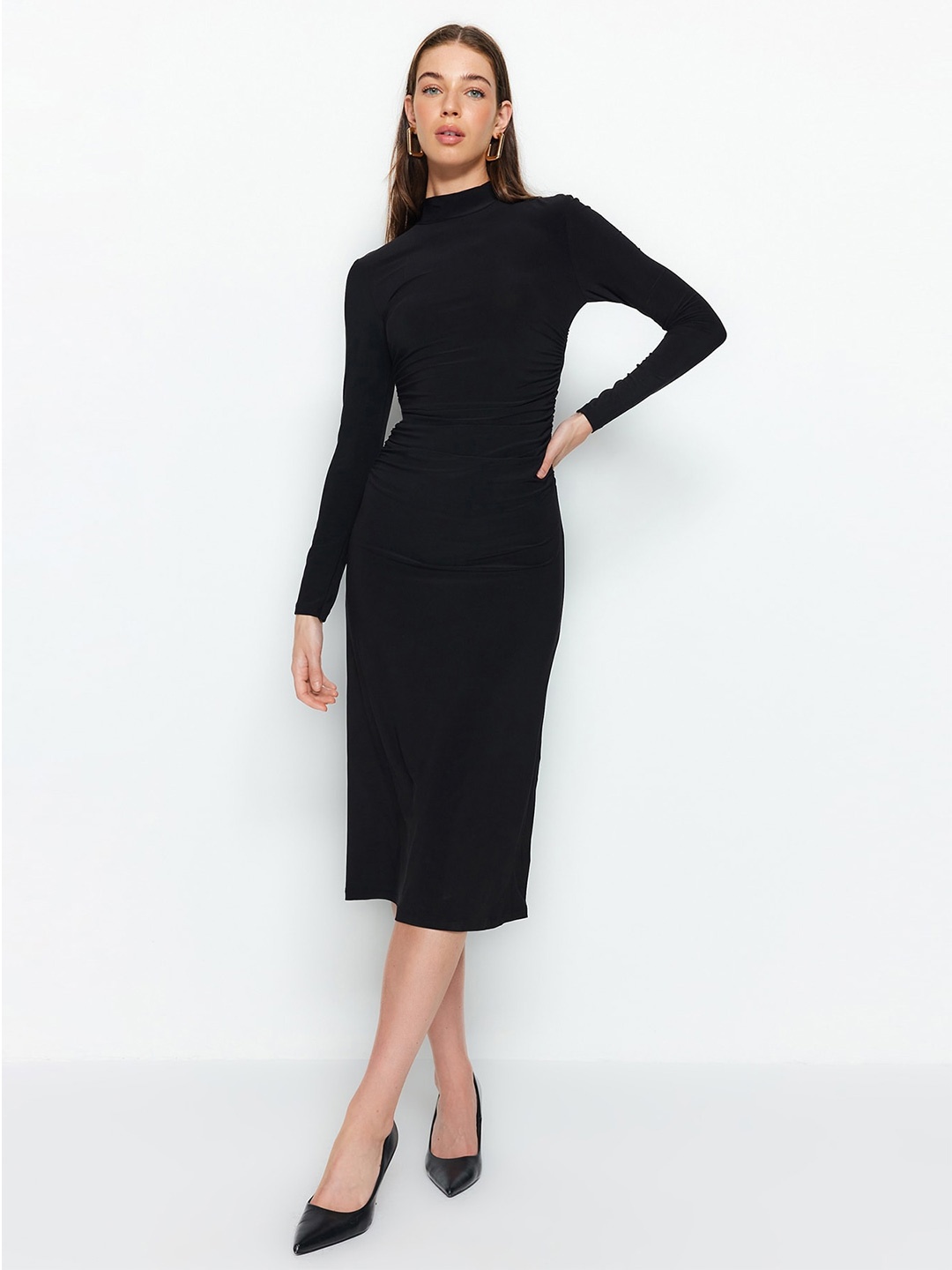 

Trendyol High Neck Gathered Detailed Midi Sheath Dress, Black