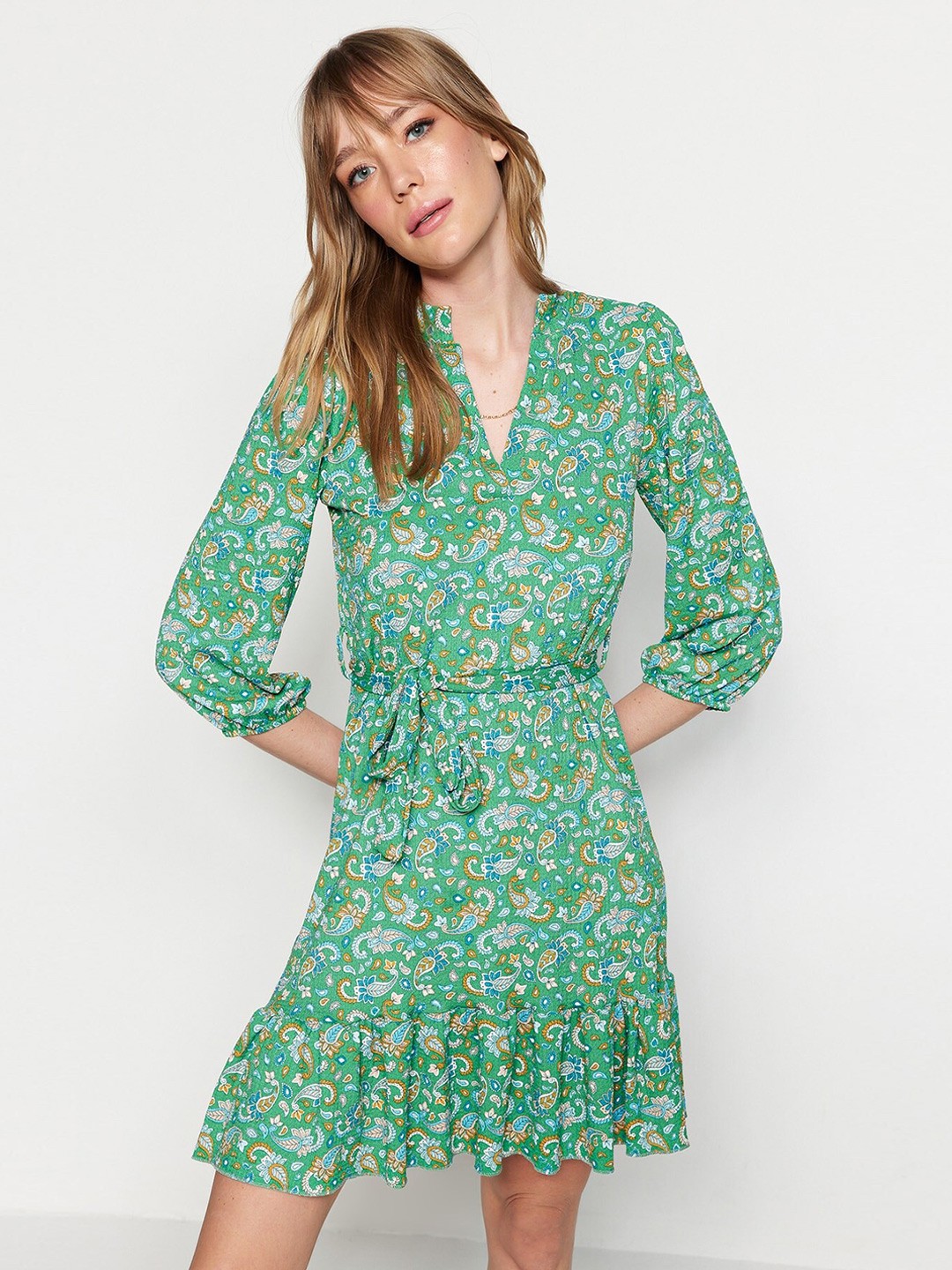 

Trendyol Ethnic Motifs Printed Puff Sleeve Belted Tiered A-Line Dress, Green