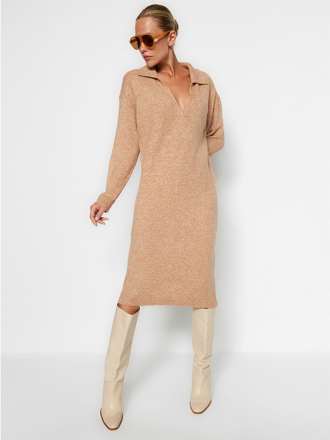 

Trendyol Shirt Collar Knitted A-Line Dress, Camel brown
