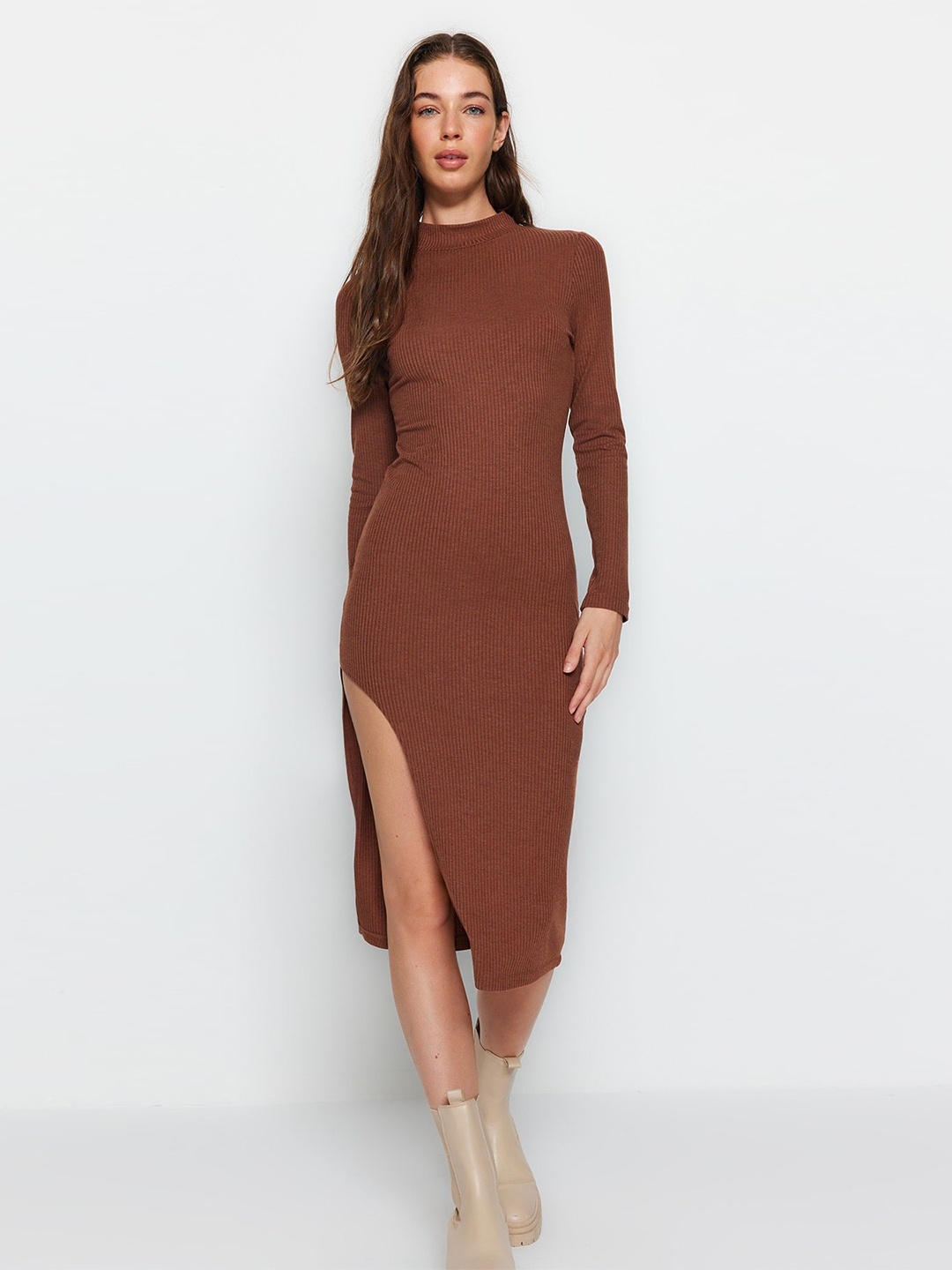 

Trendyol High Neck Long Sleeves Slit Bodycon Midi Dress, Brown