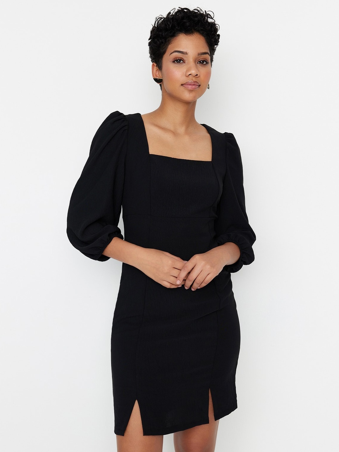 

Trendyol Square Neck Puff Sleeves Sheath Dress, Black