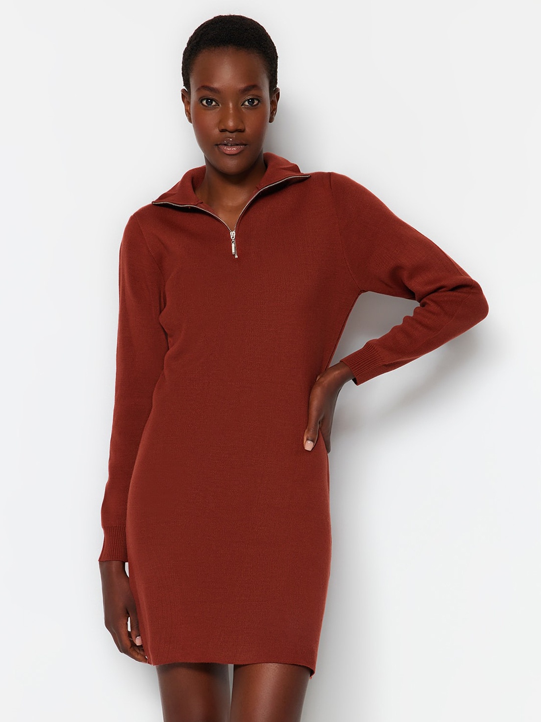 

Trendyol Mock Collar Pure Acrylic Sheath Dress, Brown