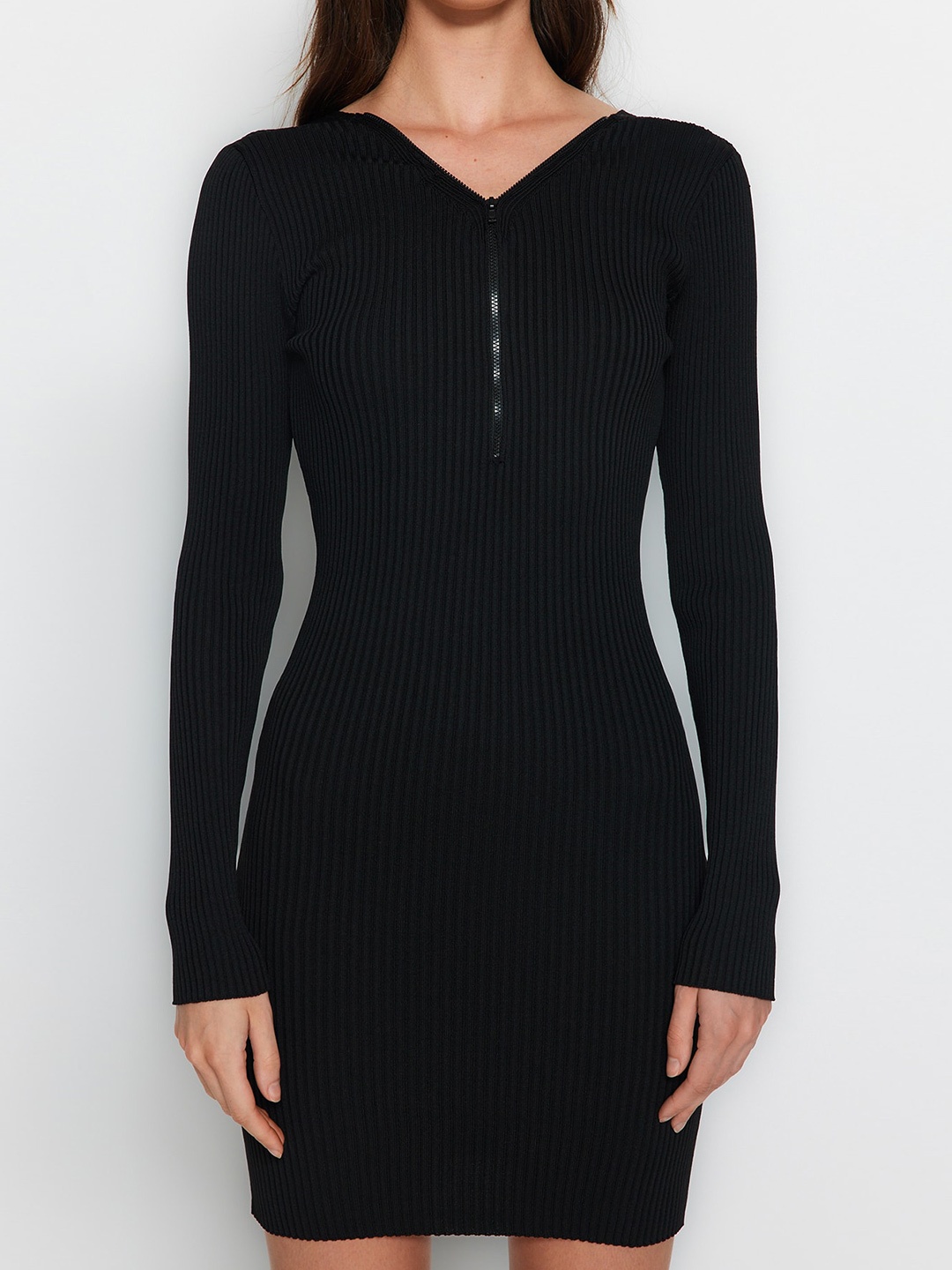 

Trendyol Striped V-Neck Bodycon Mini Dress, Black