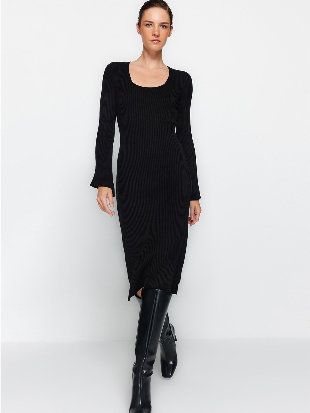 

Trendyol Self Designed Round Neck Acrylic Sheath Midi Dress, Black