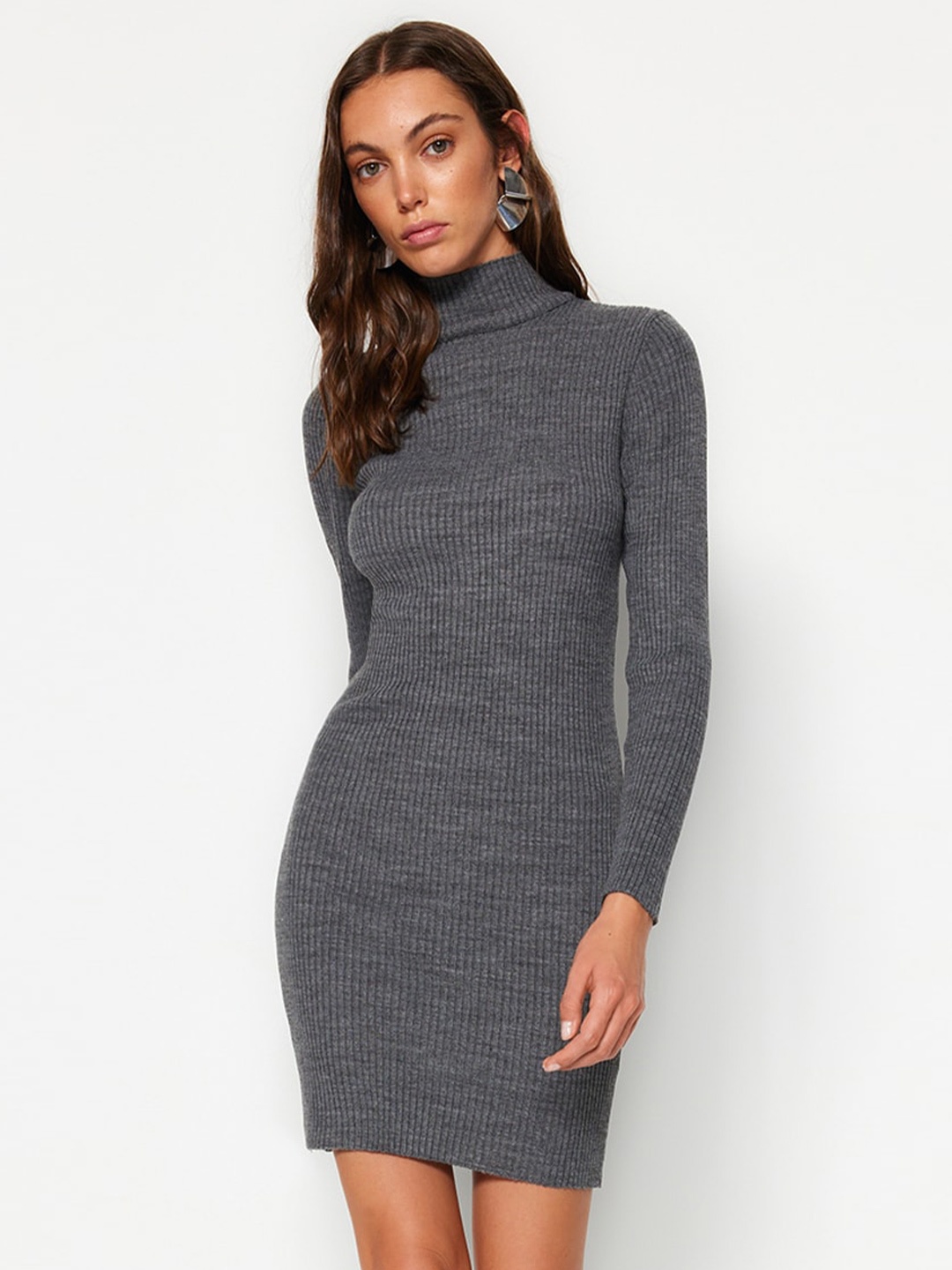 

Trendyol Ribbed High Neck Acrylic Bodycon Dress, Charcoal