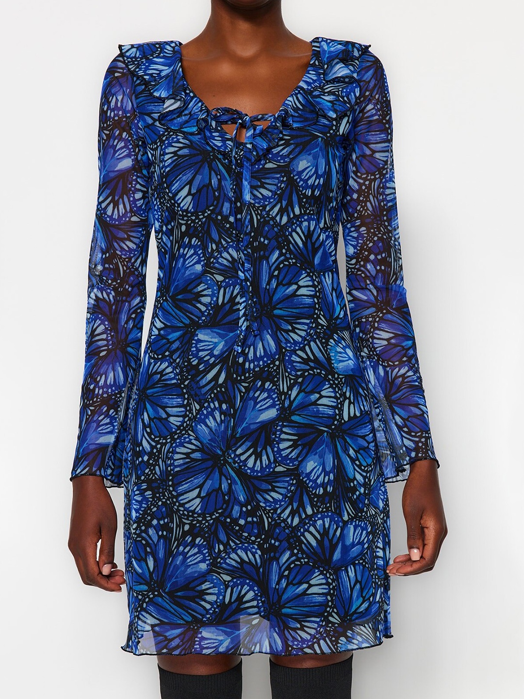 

Trendyol Floral Printed Tie-Up Neck Flared Sleeves Ruffles Detail Sheath Dress, Blue