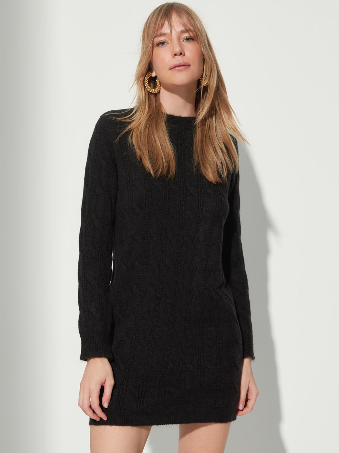

Trendyol Self Design Round Neck Mini Dress, Black