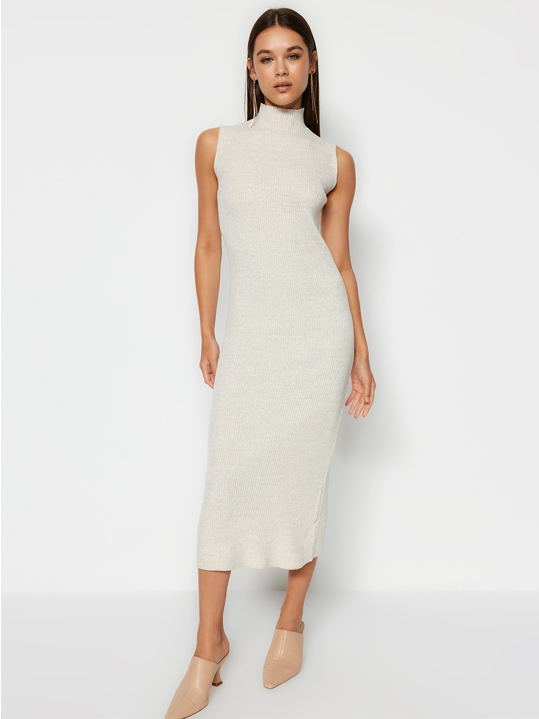 

Trendyol Self Design High Neck Sheath Midi Dress, Grey