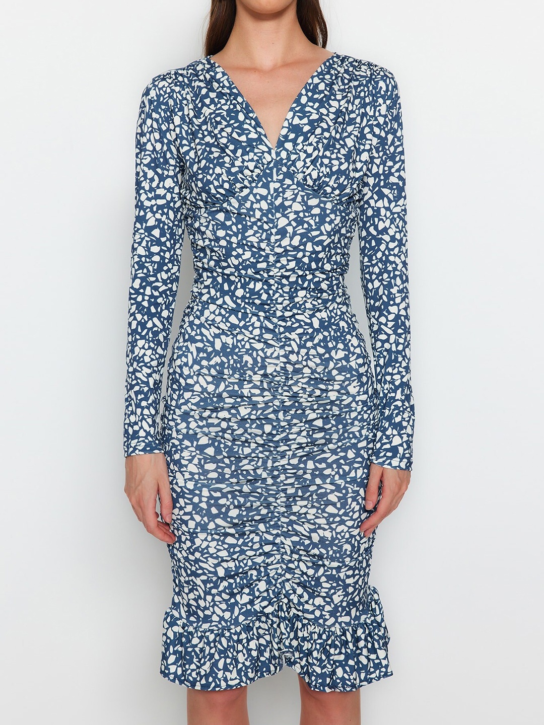 

Trendyol Abstract Printed Ruched Sheath Dress, Blue