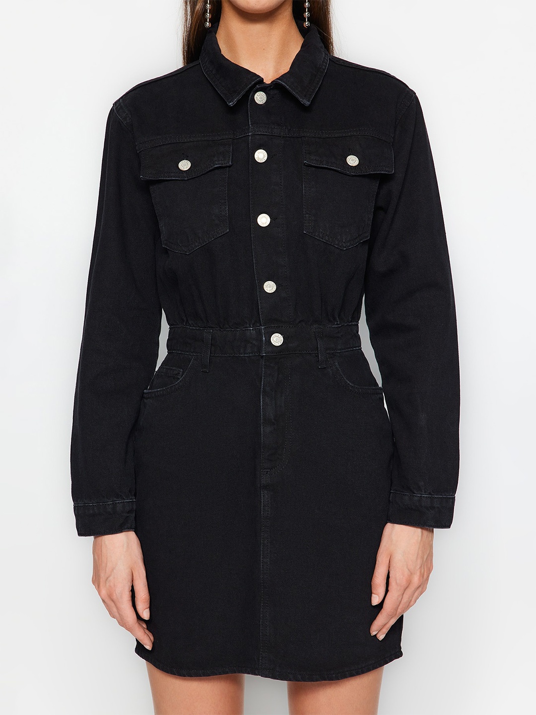 

Trendyol Shirt Collar Pure Cotton Mini Sheath Dress, Black