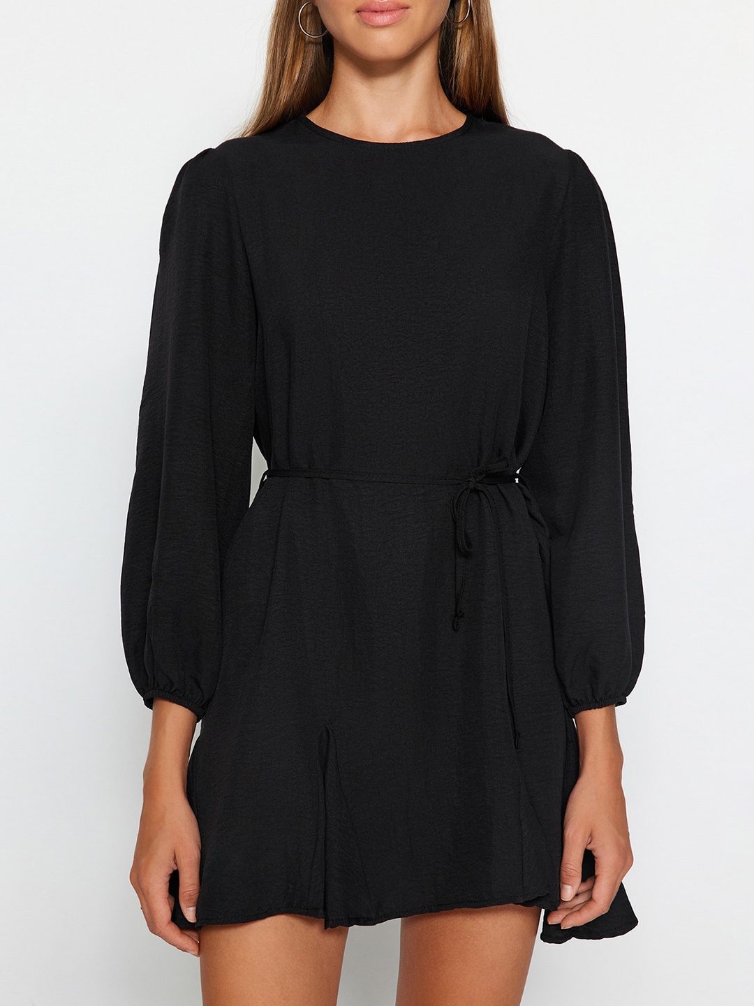 

Trendyol Puff Sleeve Tie Up Fit & Flare Dress, Black