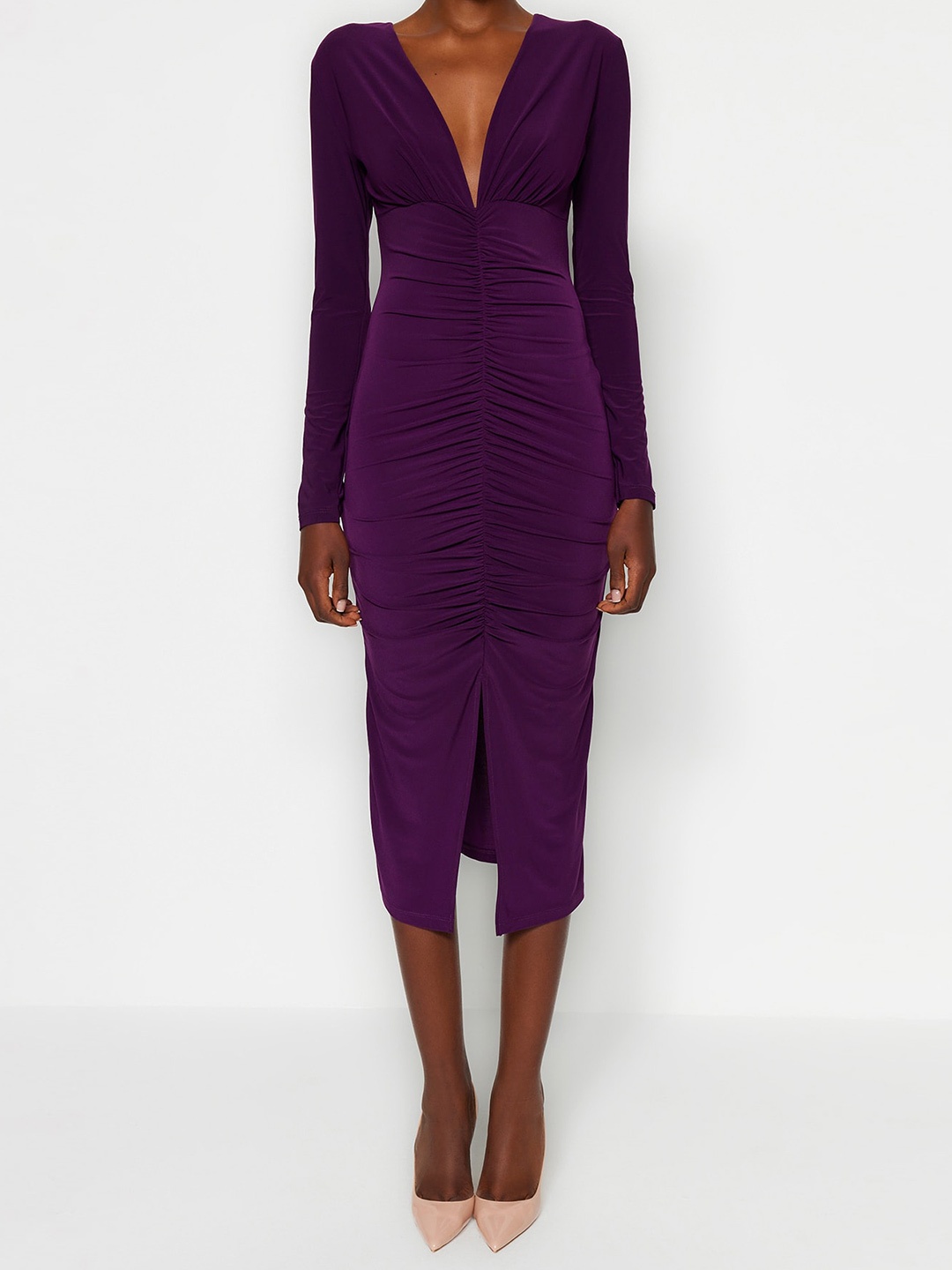 

Trendyol V-Neck Ruched Bodycon Dress, Purple