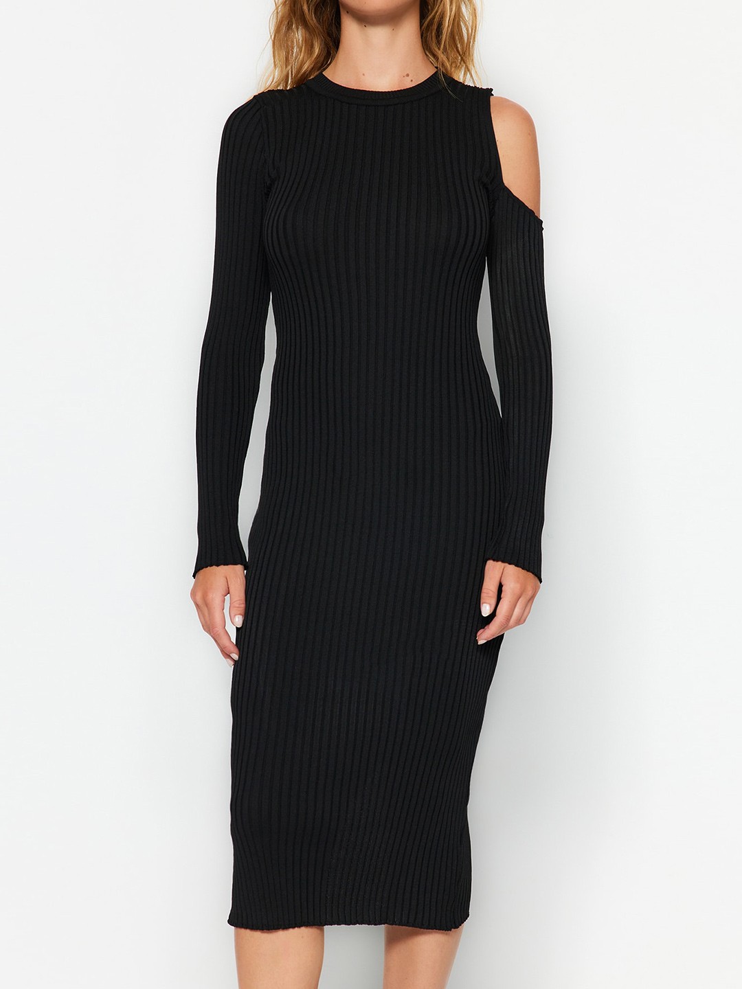 

Trendyol Self Design Cold-Shoulder Sleeves Midi Bodycon Dress, Black