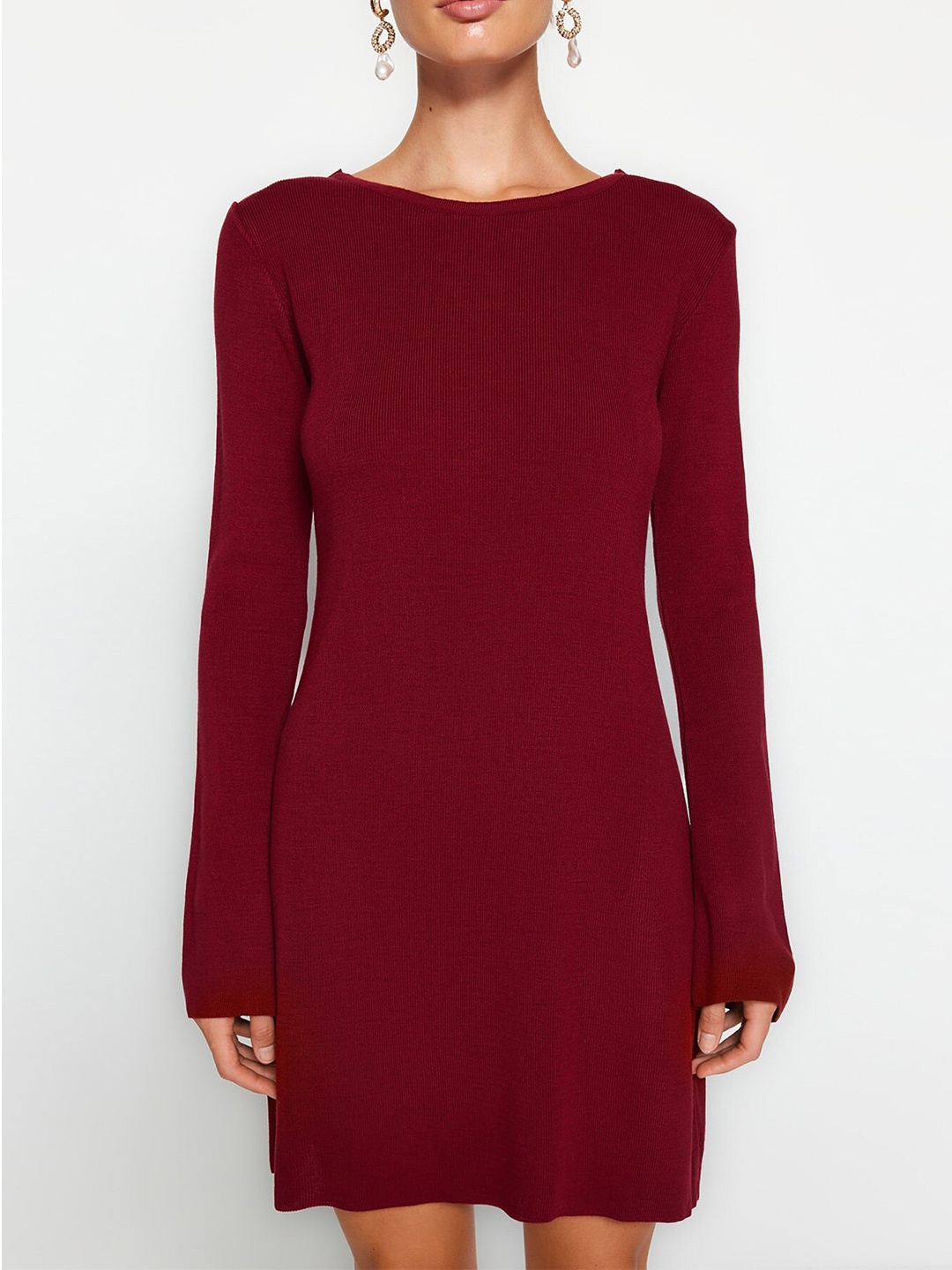 

Trendyol Boat Neck Long Sleeve Sheath Acrylic Dress, Red