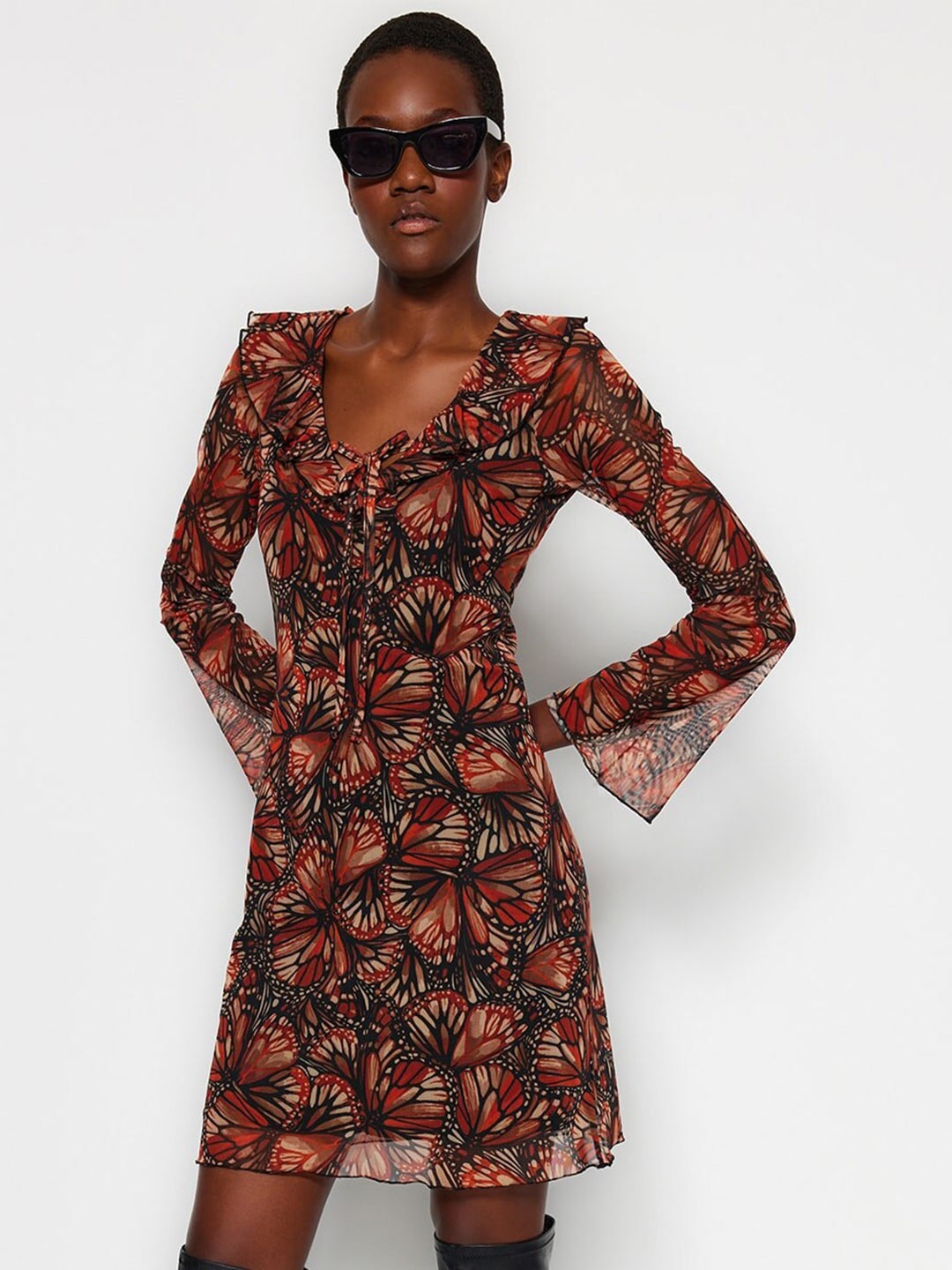 

Trendyol Animal Printed V-Neck Flared Sleeve Ruffled A-Line Dress, Brown