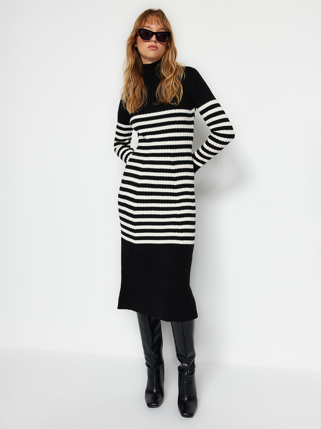 

Trendyol Striped High Neck Acrylic Midi Sheath Dress, Black