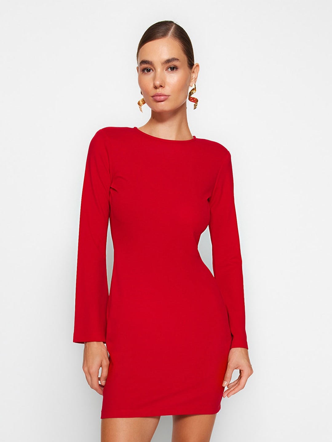 

Trendyol Ribbed Cut-Out Detailed Long Sleeves Acrylic Sheath Dress, Red