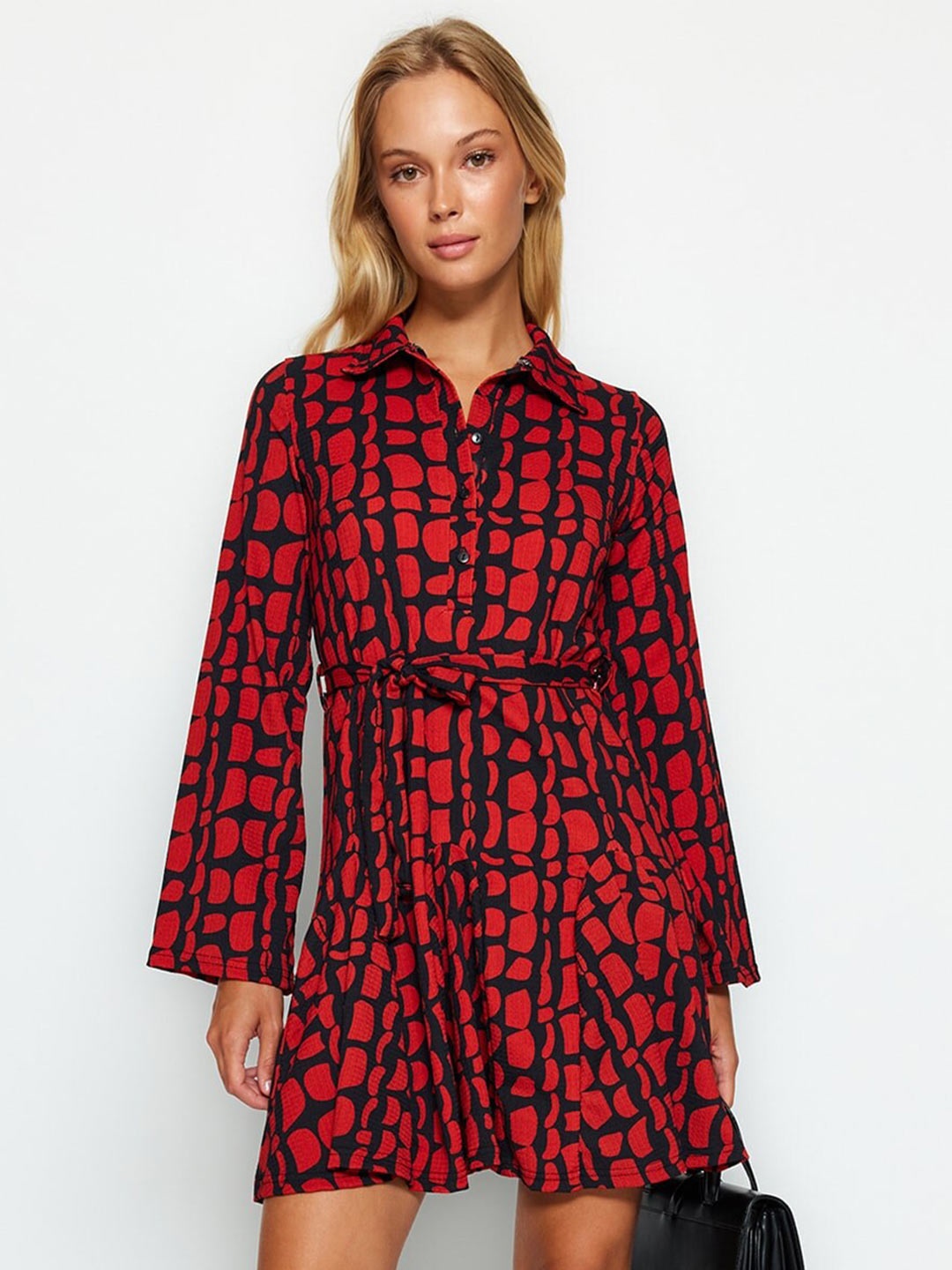 

Trendyol Abstract Printed Shirt Collar Fit & Flare Dress, Red