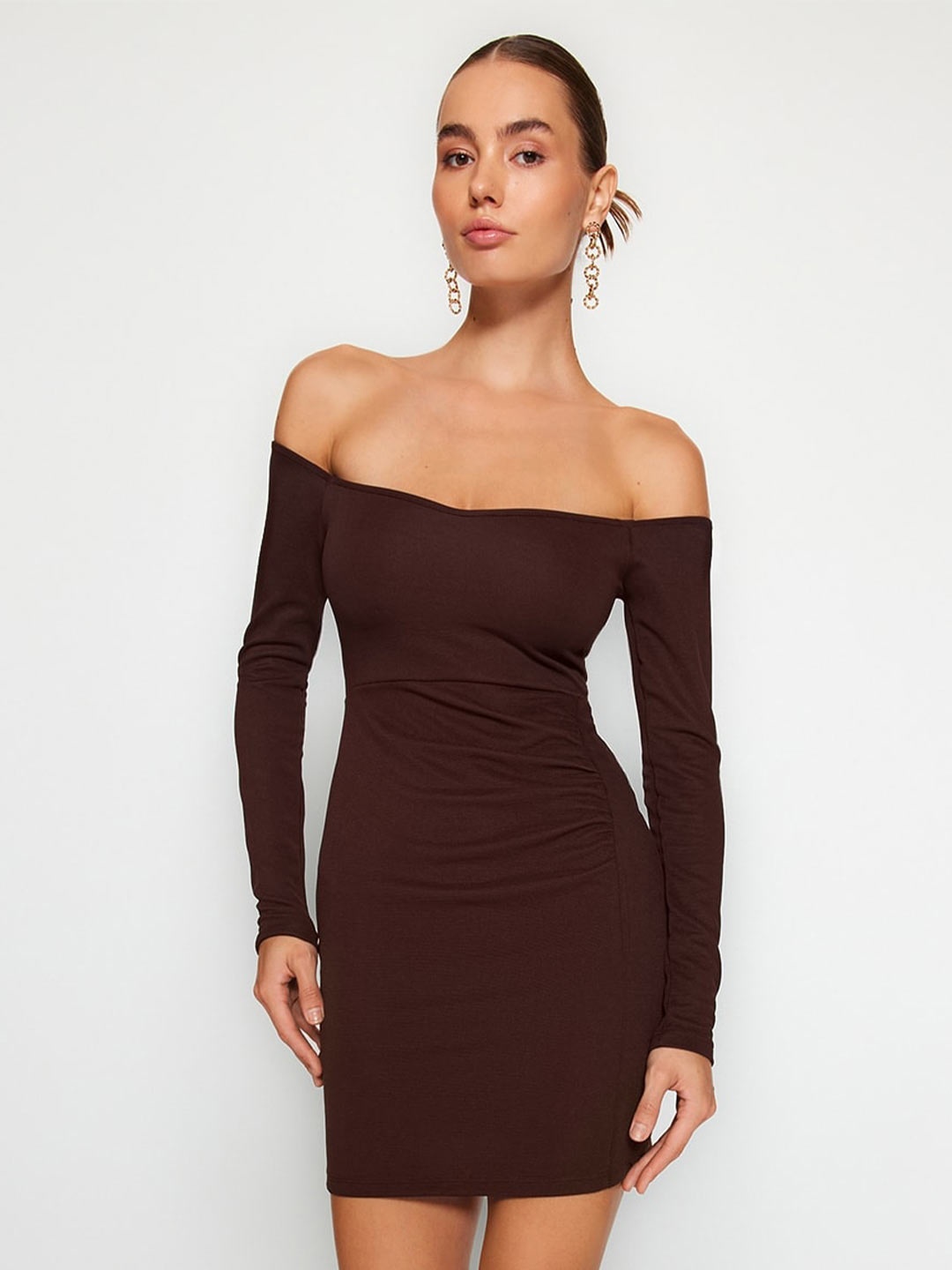 

Trendyol Off-Shoulder Gathered Detailed Mini Bodycon Dress, Brown